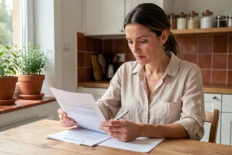 Femme consultant un contrat d'assurance habitation sans franchise à sa table de cuisine