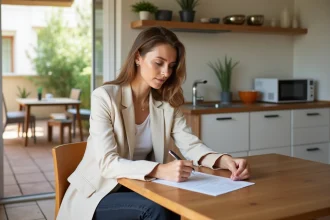 Femme consultant un contrat de location dans un appartement à Béziers, démarches de location immobilière