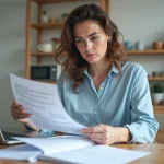 Femme consultant des documents de demande de logement social à une table de cuisine modeste