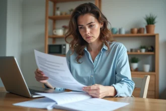 Femme consultant des documents de demande de logement social à une table de cuisine modeste