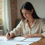 Femme consultant des documents de location d'appartement à Barcelone pour un bail longue durée