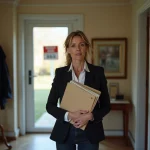 Femme tenant des documents immobiliers devant une maison à vendre suite à un divorce dans la Saône-et-Loire
