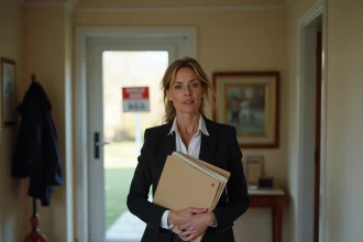 Femme tenant des documents immobiliers devant une maison à vendre suite à un divorce dans la Saône-et-Loire
