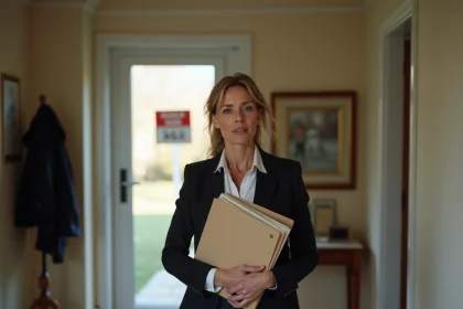 Femme tenant des documents immobiliers devant une maison à vendre suite à un divorce dans la Saône-et-Loire