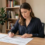 Femme consultant des formulaires de demande de 1% logement à son bureau à domicile