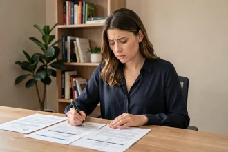 Femme consultant des formulaires de demande de 1% logement à son bureau à domicile