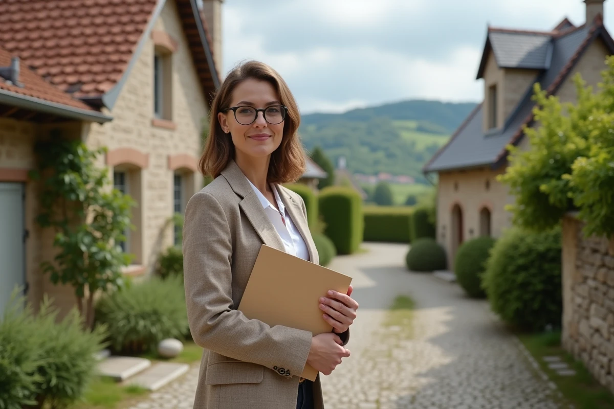 Femme confiante tenant un dossier de location devant une maison en pierre