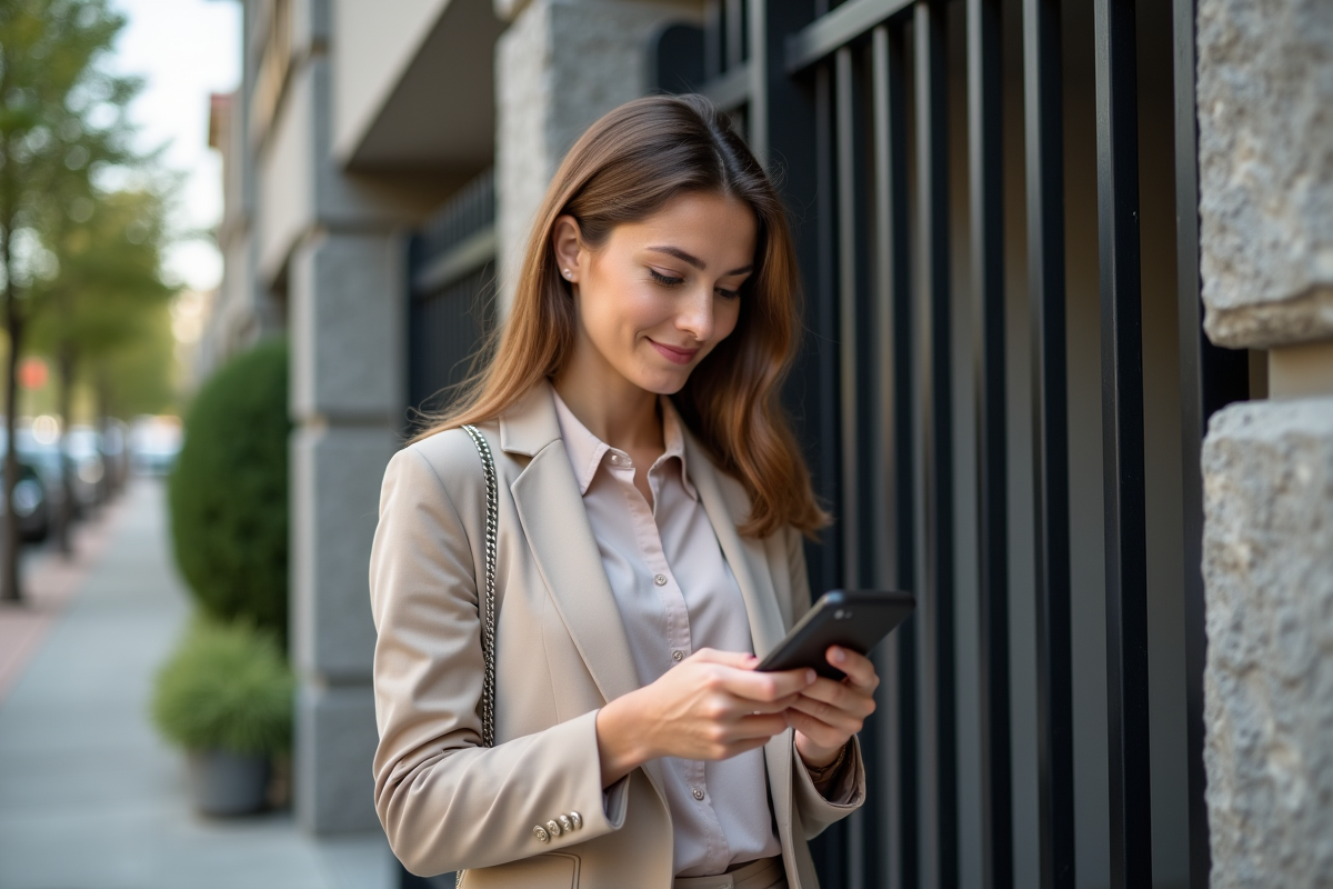 Jeune femme professionnelle utilisant son smartphone devant un immeuble