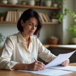 Femme d'âge moyen étudie des documents immobiliers à la maison