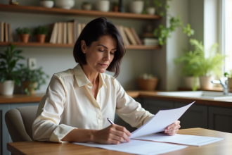 Femme d'âge moyen étudie des documents immobiliers à la maison