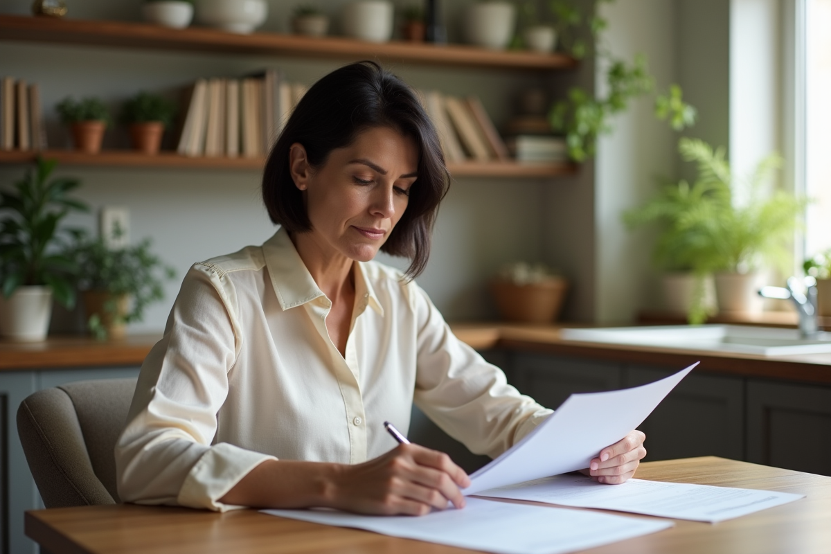 Femme d'âge moyen étudie des documents immobiliers à la maison