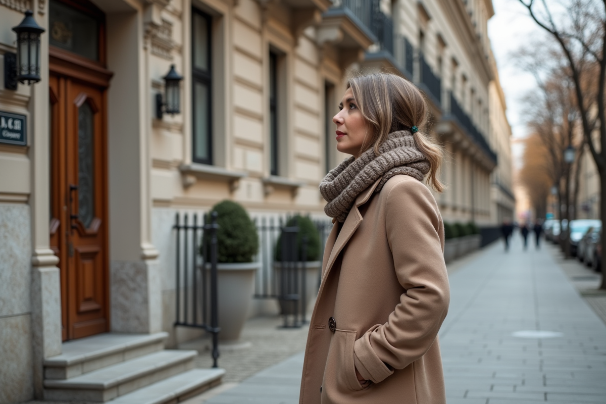 Femme regardant la façade d un immeuble rénové