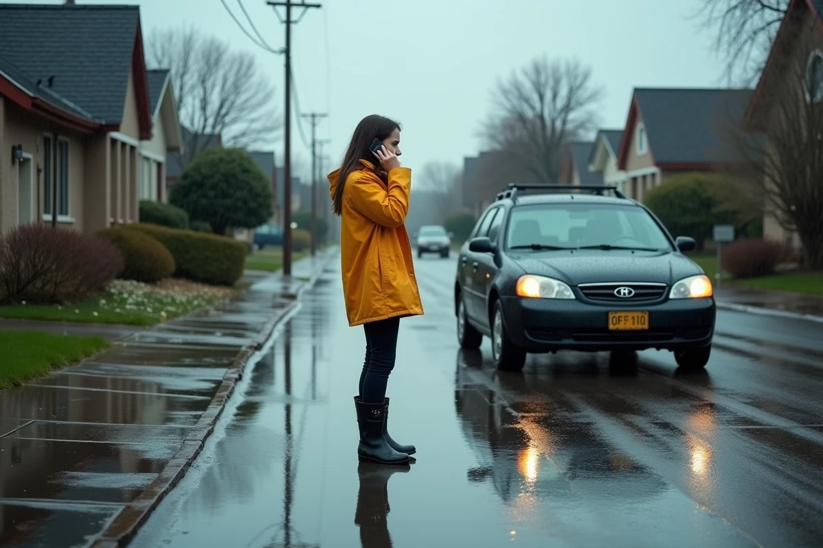 Jeune femme en imperméable sur une rue inondée parle au téléphone