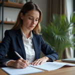 Femme professionnelle examinant documents fiscaux à la maison