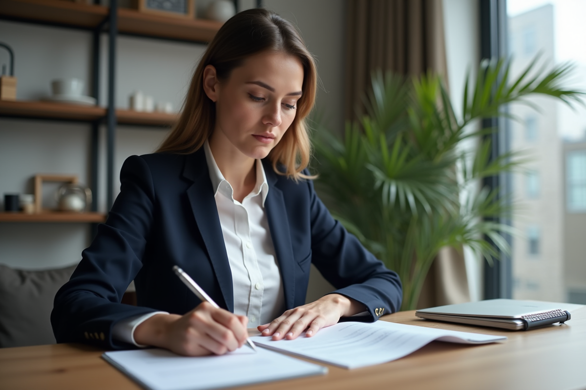 Femme professionnelle examinant documents fiscaux à la maison