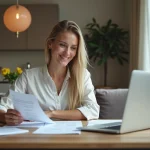 Femme souriante gérant location dans un appartement moderne