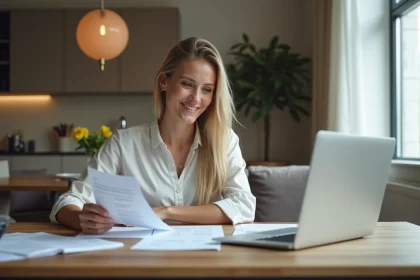 Femme souriante gérant location dans un appartement moderne