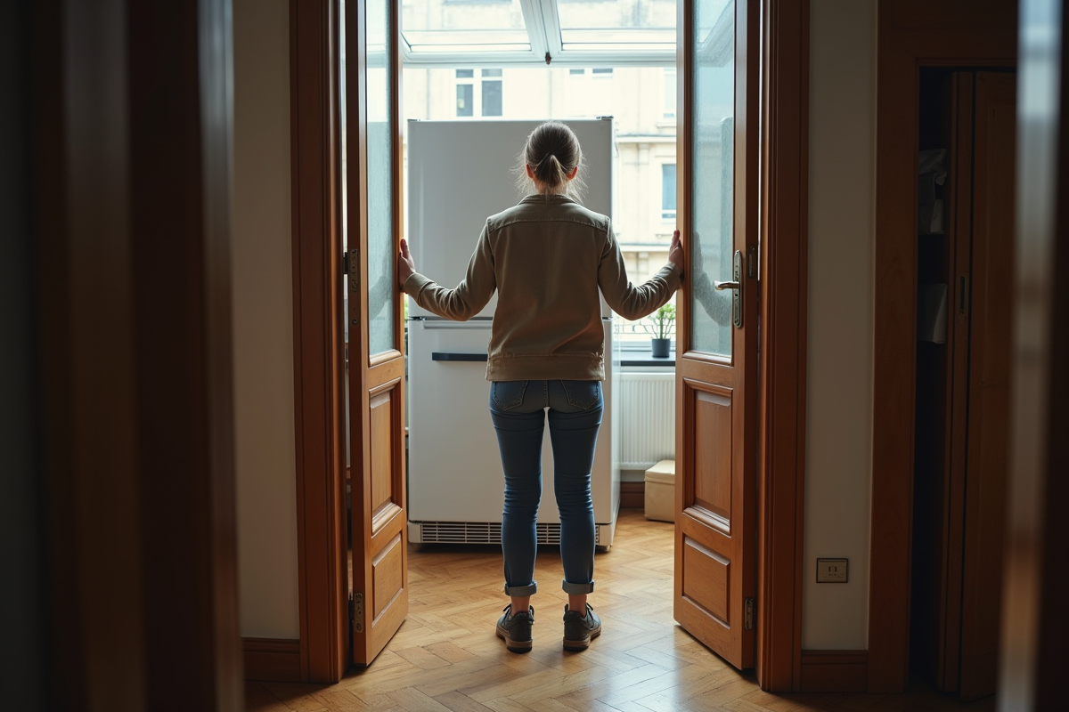 Femme guidant des moveurs pour descendre un réfrigérateur