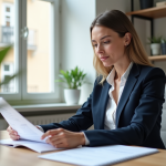 Femme en blazer bleu blanc dans un bureau parisien