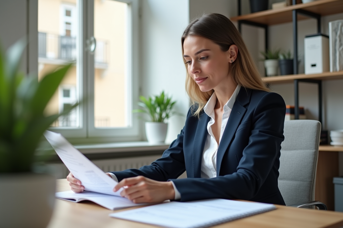 Femme en blazer bleu blanc dans un bureau parisien