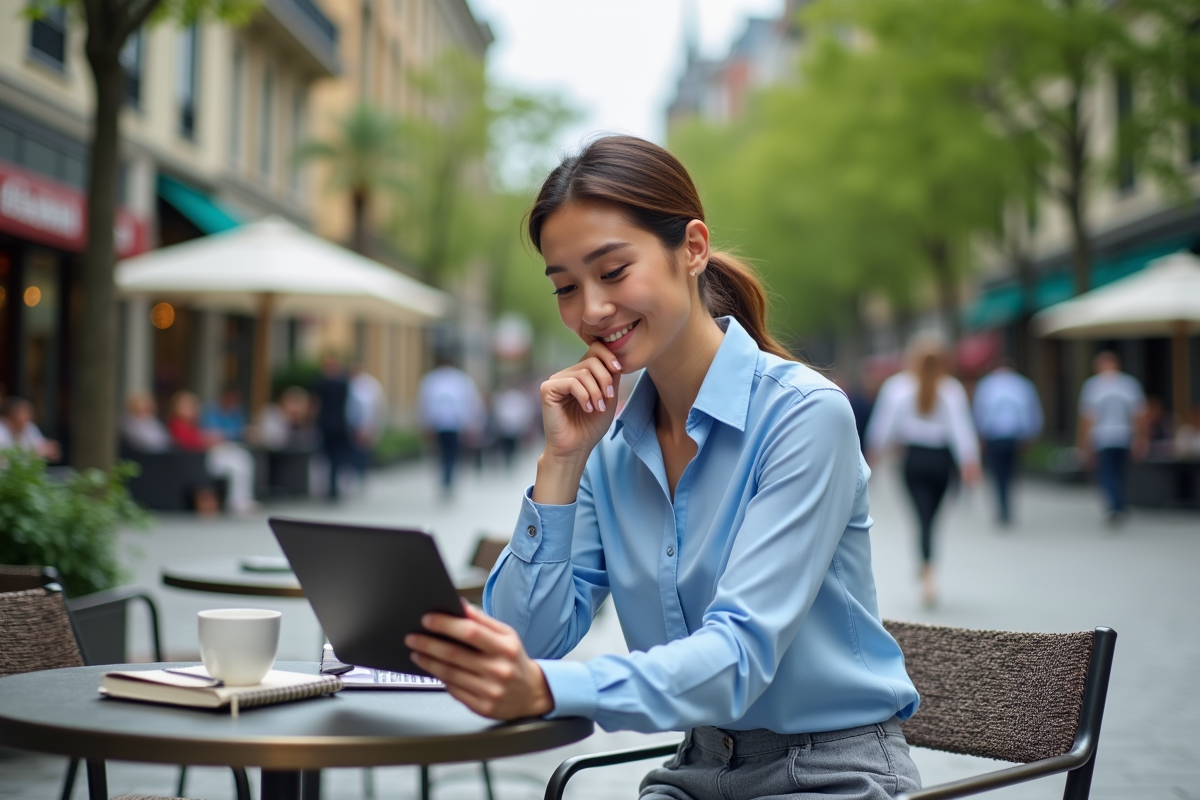 Jeune femme analysant un portefeuille sur tablette en extérieur
