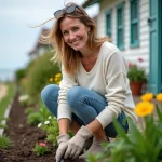 Femme souriante plantant des fleurs dans un jardin près de la maison