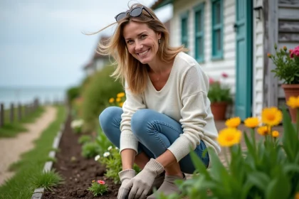 Femme souriante plantant des fleurs dans un jardin près de la maison