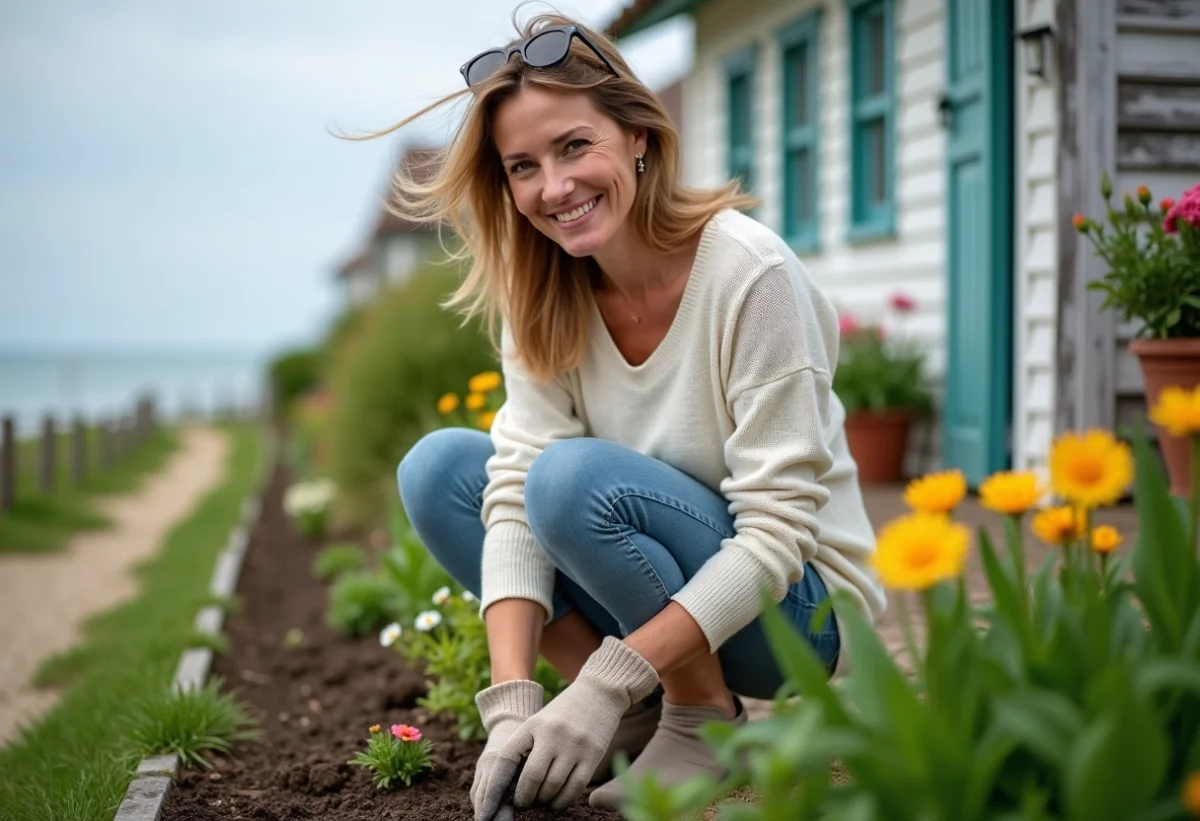 Femme souriante plantant des fleurs dans un jardin près de la maison
