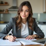 Jeune femme concentrée à son bureau lumineux