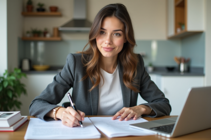 Jeune femme concentrée à son bureau lumineux
