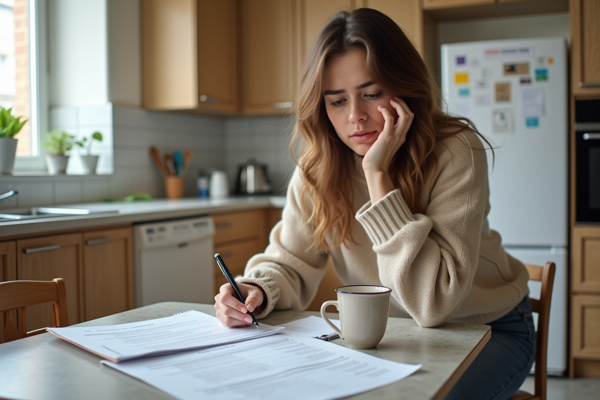 Jeune femme examine des documents dans une cuisine lumineuse