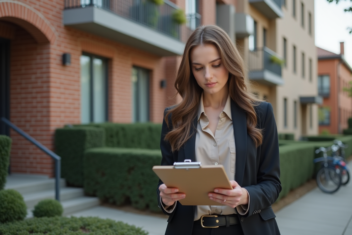Jeune femme examinant des annonces de location en extérieur