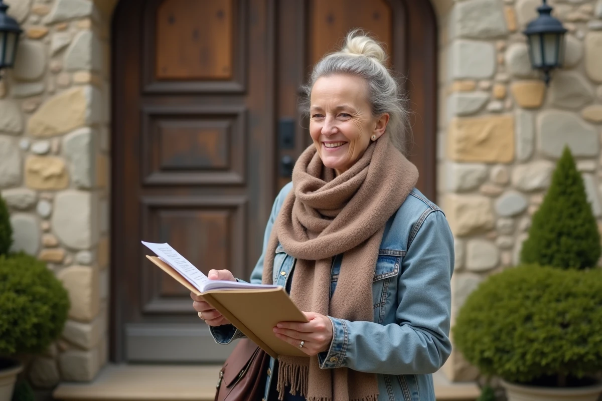 Femme d'âge moyen devant la mairie rurale française