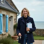 Femme souriante devant maison normande en bord de mer