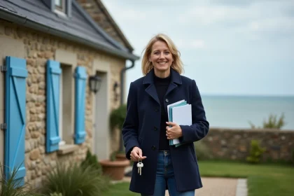 Femme souriante devant maison normande en bord de mer