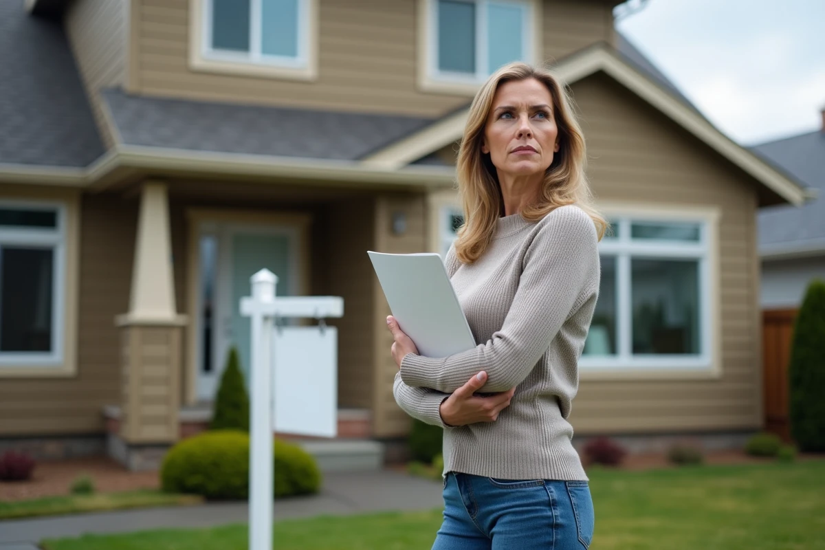 Femme en pleine réflexion devant une maison à vendre