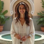Femme marocaine souriante avec clés vintage dans un patio