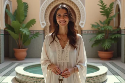 Femme marocaine souriante avec clés vintage dans un patio