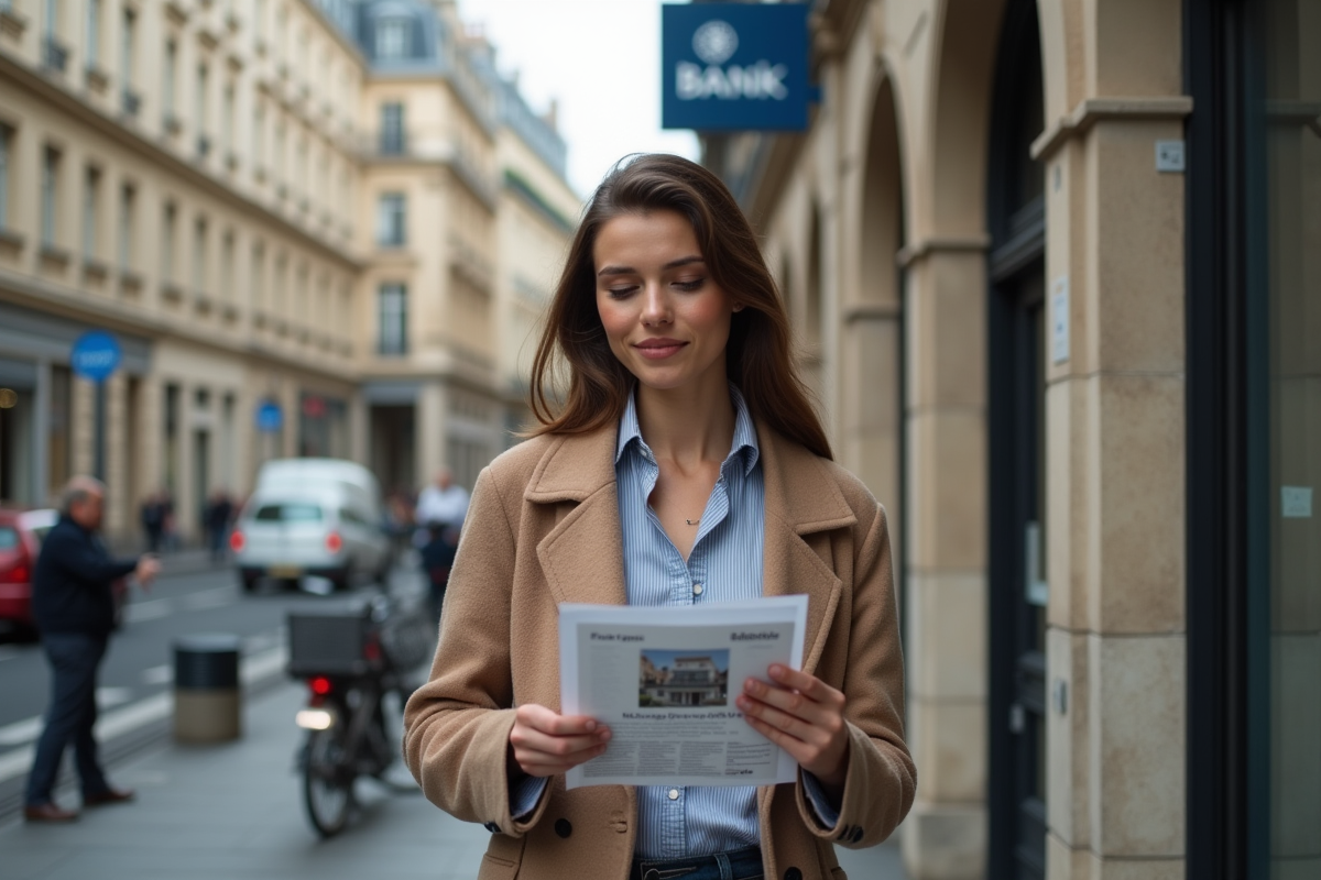 Jeune femme regardant une affiche de taux hypothécaire à Paris