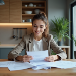 Femme en cuisine examinant des papiers de location
