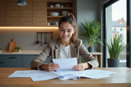 Femme en cuisine examinant des papiers de location