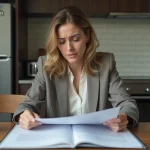 Femme examinant des documents de location dans un appartement