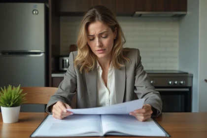 Femme examinant des documents de location dans un appartement