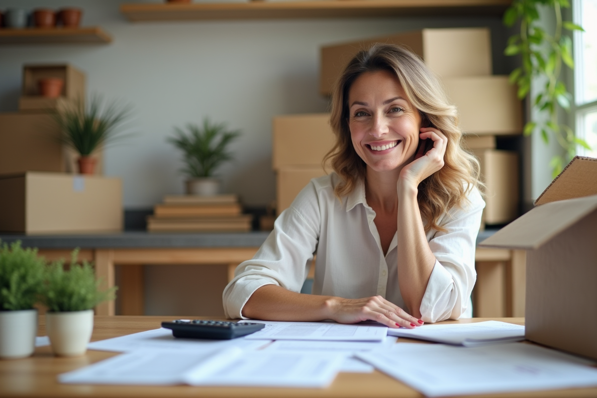 Femme souriante préparant ses papiers de déménagement à la cuisine