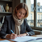Femme en blazer remplissant des papiers officiels à Paris