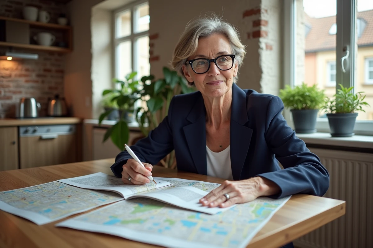 Femme planifiant son achat immobilier pour la retraite dans un appartement rénové en banlieue parisienne