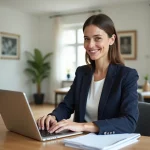 Femme en blazer navy travaillant sur son ordinateur à la maison