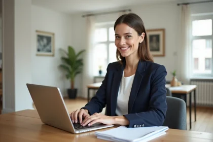 Femme en blazer navy travaillant sur son ordinateur à la maison
