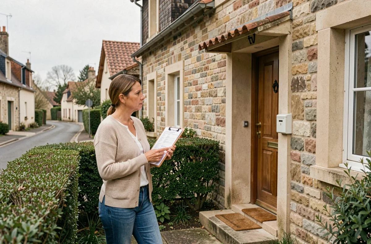 Femme propriétaire évaluant son assurance habitation devant sa maison individuelle