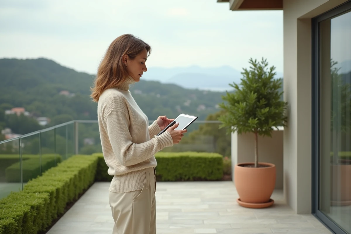 Femme propriétaire aisée consultant un site immobilier de prestige sur tablette depuis la terrasse d'une villa de luxe